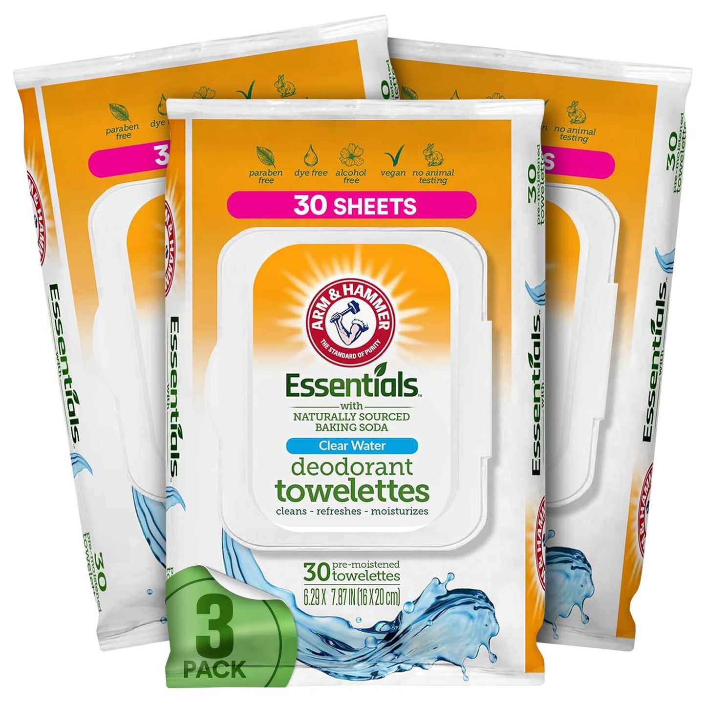 Arm and Hammer Face and Body Wipes for Adults - Deodorant Towelettes 30 Sheets for Women - Shower Wipes for Traveling, Camping, Gym, and Bathing - Alcohol-Free Face Sheets (Clear Water)