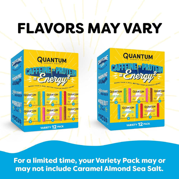 Quantum Energy Square: Energy Bar with Caffeine & 10g Protein. Delicious Healthy Snack On The Go. (Vegan, Gluten-free, Soy-free, Dairy-free) (Variety 12-Pack)