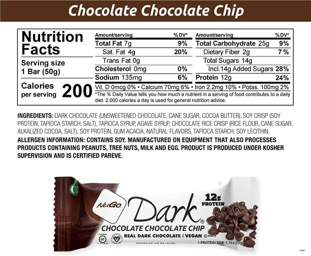 NuGo Dark Chocolate Chocolate Chip, 12g Vegan Protein, 200 Calorie, Gluten Free, 24 Count