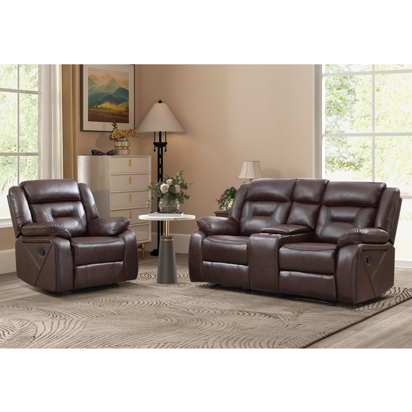 Faux Leather Recliner Sofa Furniture Set for Living Room, 2 Recliner Chairs, 3 Seat Reclining Sofa Couch Set for Meeting Room, Brown