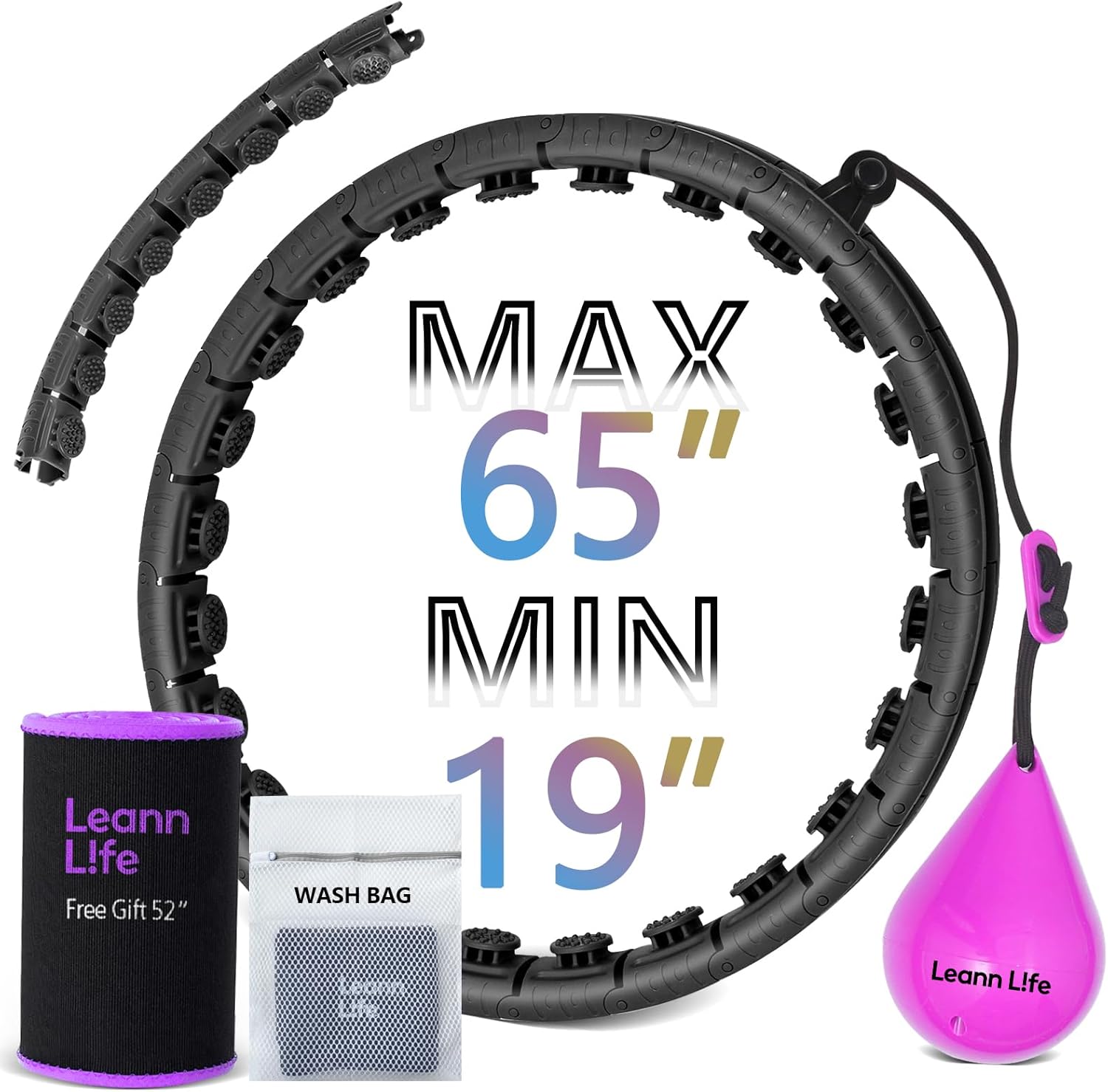 U2 Black-32 Knots 19”- 65”, Detachable & Size Adjustable Weighted Hula Hoop for Kids Adults Weight Loss, Infinity Hoop Plus Size, Abdominal Toner,5 Color Balls, Free Waist Trimmer&Wash Bag