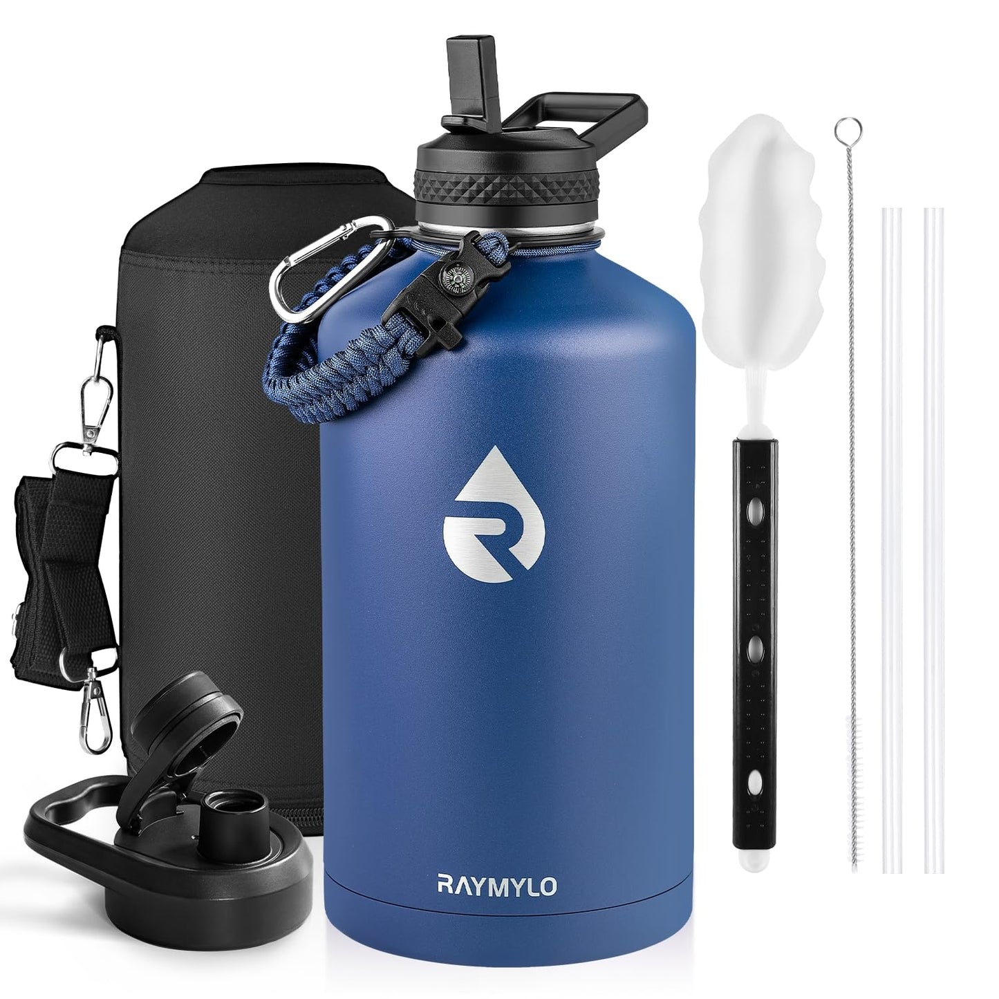 Insulated Water Bottle 64 oz, Triple Wall Vacuum Stainless Steel (Cold for 48 Hrs), Leak Proof & Non-BPA, Half Gallon Water Flask Jug with Paracord Handle & Straw Spout Lids, Magic Black