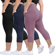 HLTPRO 3 Pack Plus Size Leggings with Pockets for Women - Black High Waisted Tummy Control Soft Yoga Pants for Gym Workout