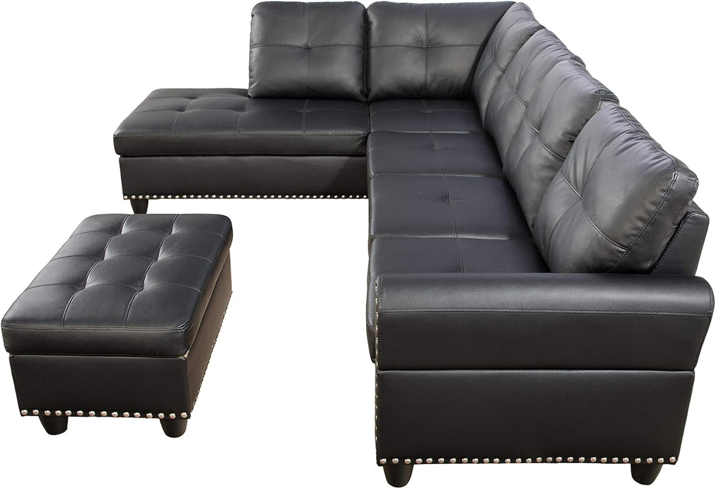 FANYE 3 Piece Modular Sectional Sofa with R Chaise, L-Shaped 5 Seaters Faux Leather Upholstered Corner Sofa & Couch W/2 Cup Holders and Storage Ottoman for Home Apartment Office Living Room