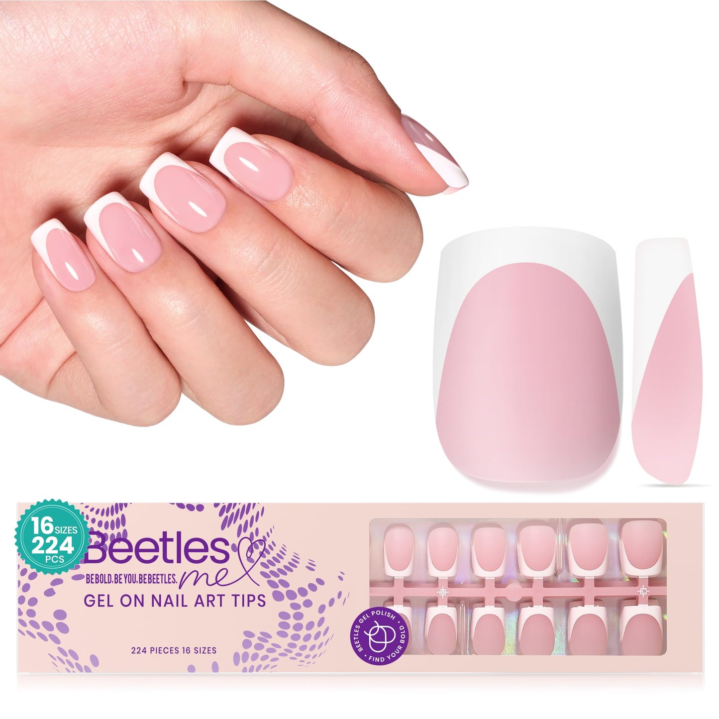 Beetles X Press Gel Nail Kit: Long Square French Tip Press On Nails Kit With 224Pcs Nail Tips Nail Glue & Builder Top Coat Mini UV Light, All-in-One DIY Designs Gift For Women At Home 16 Size