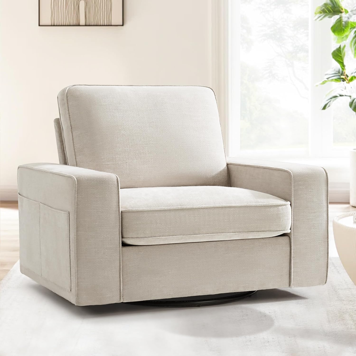 BEDHOURS Swivel Accent Chair for Living Room and Bedroom Single Sofa Chair Soft&Breathable Chenille Fabric Padding with Extra Wide Armrest Washable Detachable Cover(Chenille, Begie)