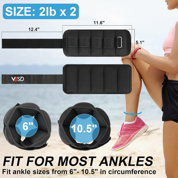 VBSD Adjustable Ankle Weights for Women Men, 1 Pair 2 4 5 6 8 10 lb Leg Weight Straps, Weighted Ankle Weights Set for Gym, Fitness, Yoga, Jogging, Walking, Aerobics, Physical Therapy