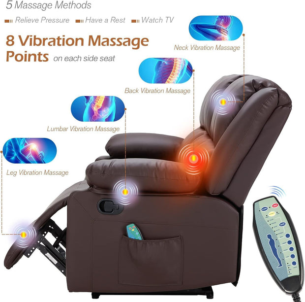 YODOLLA 3 PCS Recliner Sofa Set for Living Room Furniture Set，Overstuffed Leather Reclining Sofa with Massage&Heat Function, Manual Control Couch Set，Theater Lounge Seat with Side Pockets, Brown