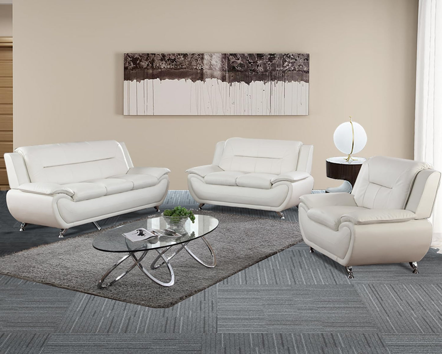 3 Piece Living Room Furniture Set, Leather Sofa Set for Living Room, Modern Couch Set with 3-Seater Sofa, Loveseat and Armchair (Black 2)