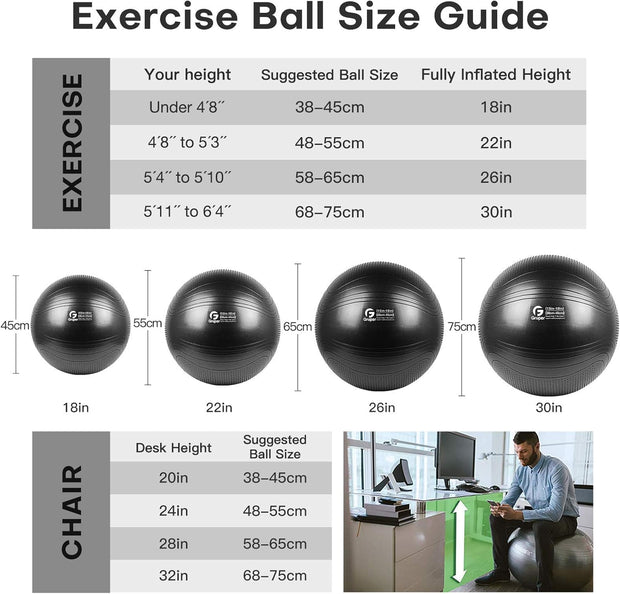 Yoga Ball, 18-30 Inch Extra Thick Exercise Ball for Workout Fitness Balance, Anti Burst Chair for Home and Office Desk, Includes Hand Pump & Workout Guide Access