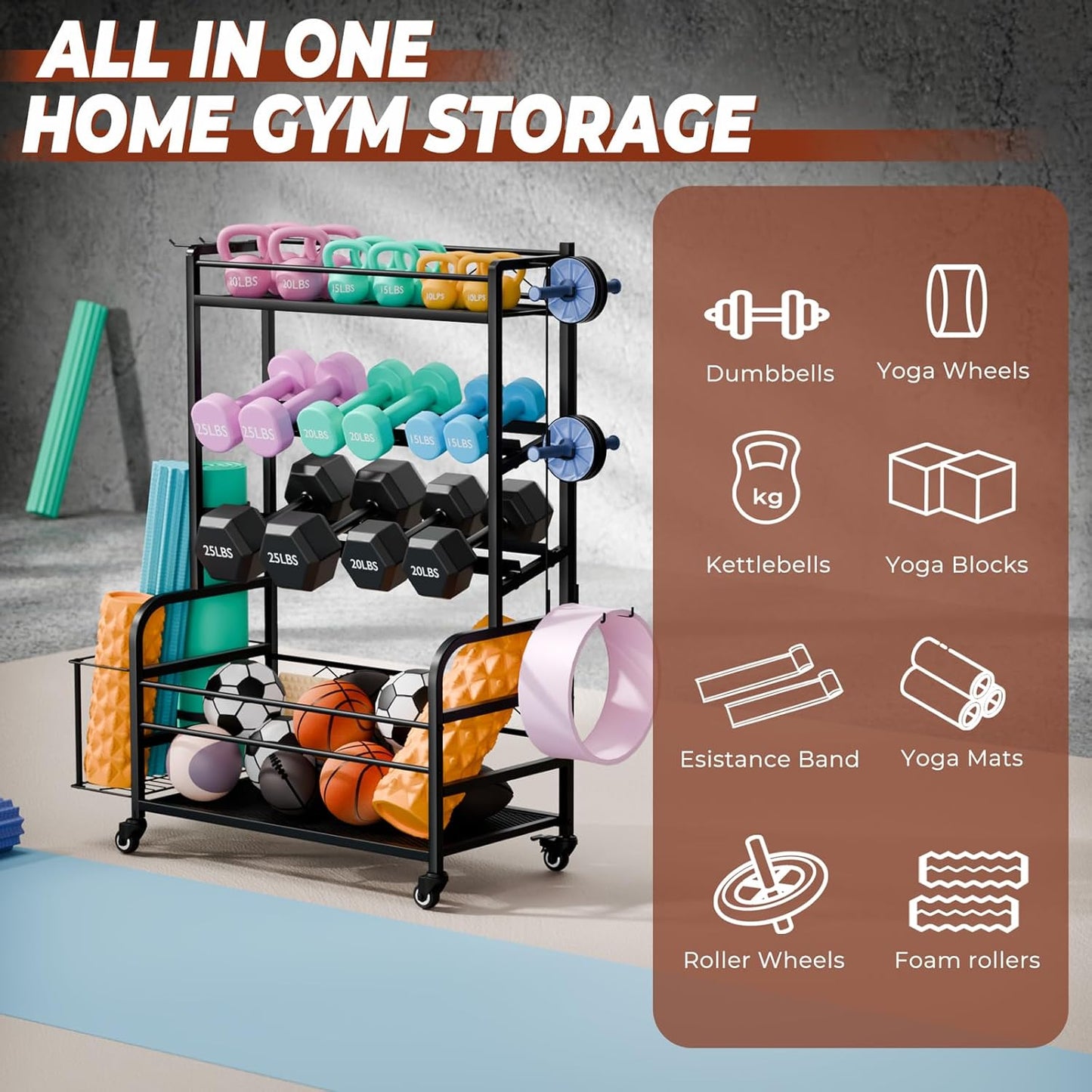 Dumbbell Rack Weight Stand - 4-Tier Adjustable Weight Rack for Dumbbells, Home Gym Storage Rack for Yoga Mat Foam Roller Kettlebells, Workout Equipment Storage Organizer With Wheels