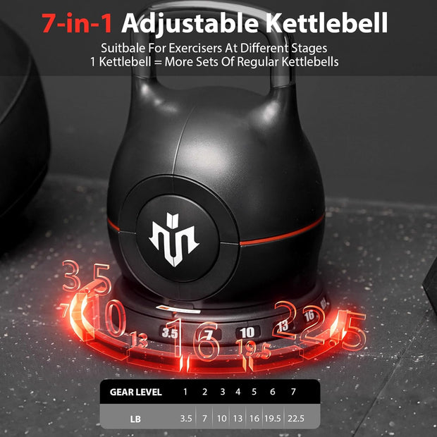 Mikolo Kettlebell, 7-in-1 Adjustable Kettlebell with 7 Weight Levels (3.5-22.5lbs), Die-Cast Aluminum and ABS Material, Quick Adjustment Weights with Safety Locking System for Full Body Strength