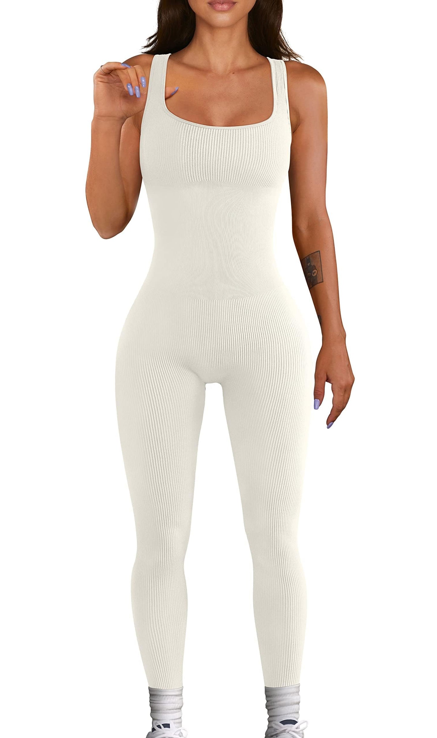 Women Workout Seamless Jumpsuit Yoga Ribbed Bodycon One Piece Tank Top Leggings Romper