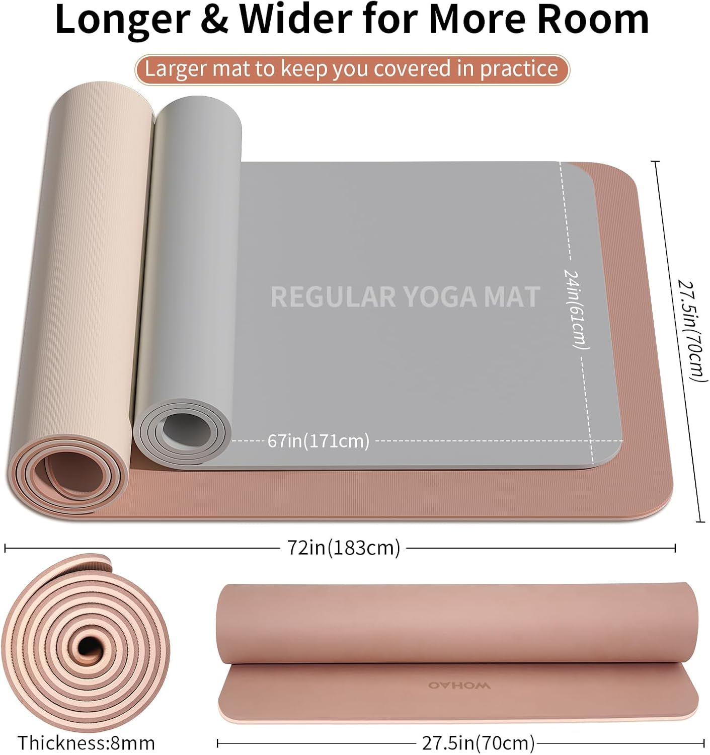 Extra Thick 8mm Yoga Mat for Women & Men – 72"x28" Non-Slip 2-Sided (Dual Color) Exercise Mat – Thick Yoga Mat for Home Gym, Pilates, Stretching – Includes Carrying Strap, Non-Toxic & Odorless