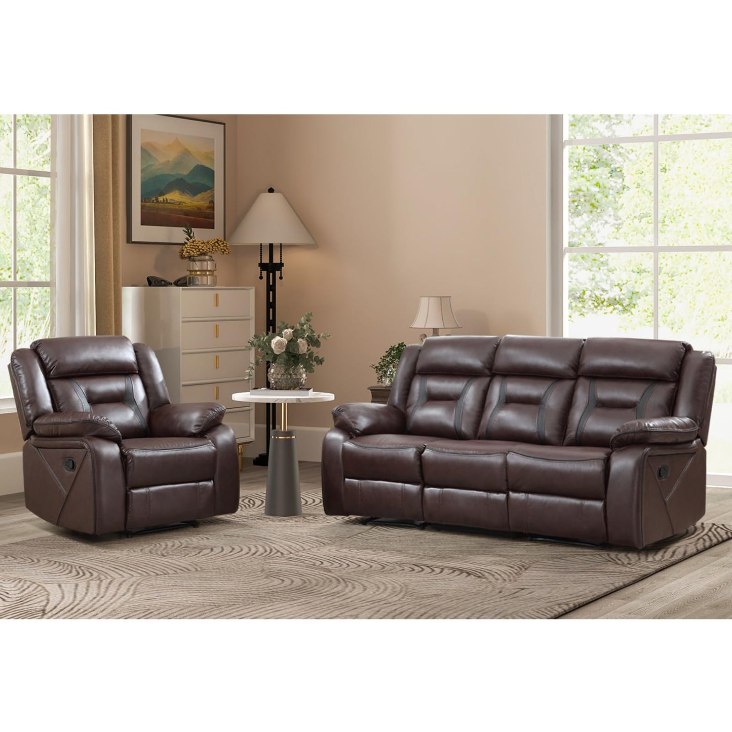 Faux Leather Recliner Sofa Furniture Set for Living Room, 2 Recliner Chairs, 3 Seat Reclining Sofa Couch Set for Meeting Room, Brown