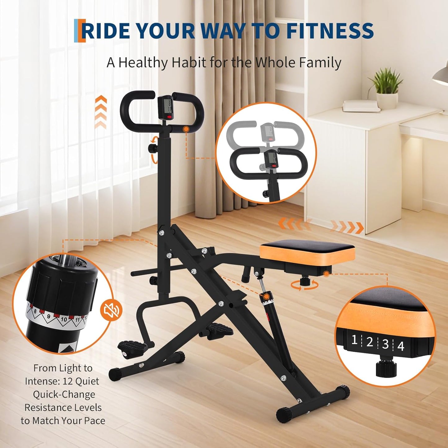 Squat Machine, Squat Assist Trainer with Adjustable12 Level Resistance, Foldable Squat Ride Rowing Machine for Home, Full Body Workout Gym for Glutes Legs Workout, 350 LBS Capacity