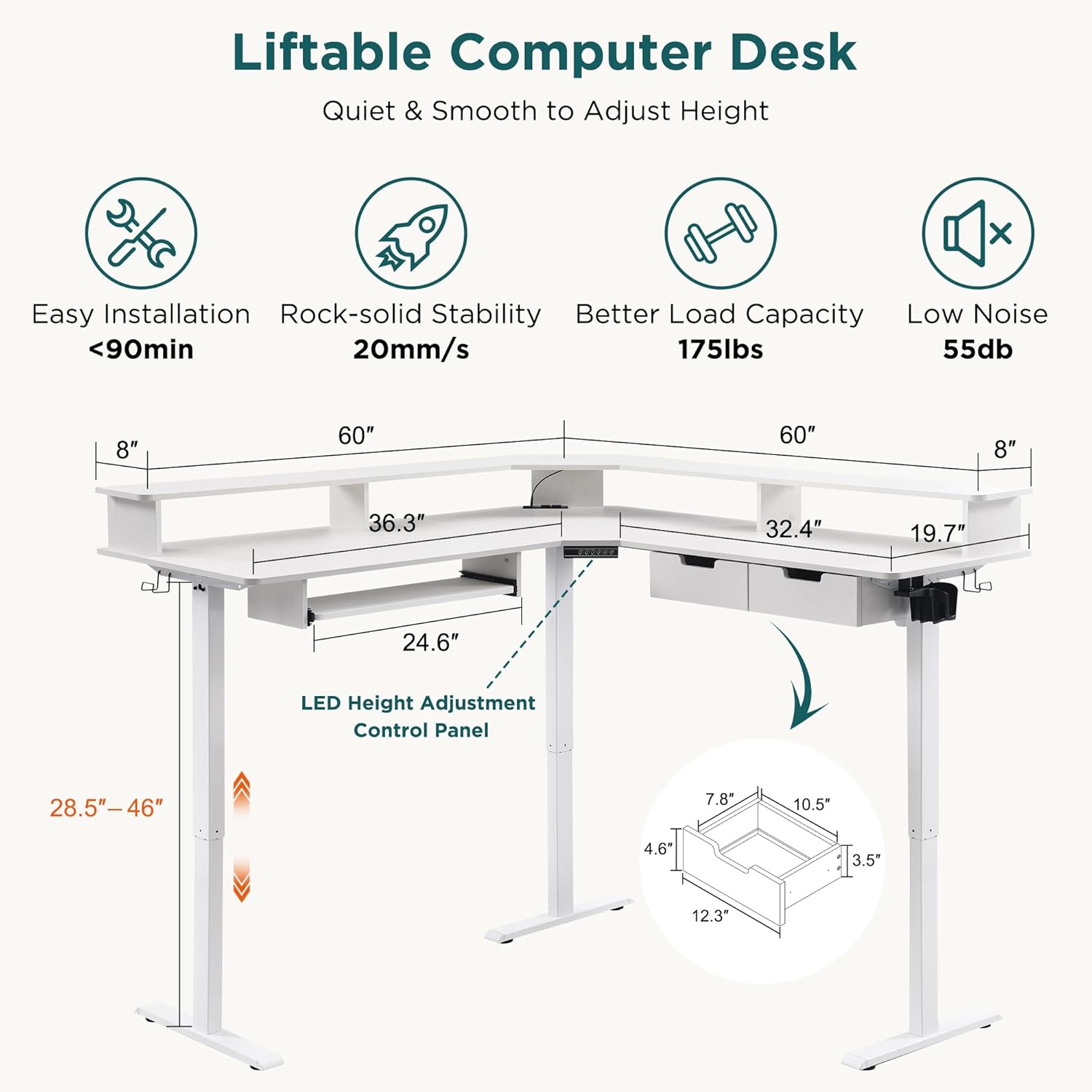 RedLemon 60 Inches L Shaped Electric Standing Desk, Height Adjustable Corner Gaming Desk with Drawers, Keyboard Tray, Power Outlets & LED Lights, Computer Desk with Monitor Shelf, Antique White