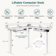 RedLemon 60 Inches L Shaped Electric Standing Desk, Height Adjustable Corner Gaming Desk with Drawers, Keyboard Tray, Power Outlets & LED Lights, Computer Desk with Monitor Shelf, Antique White