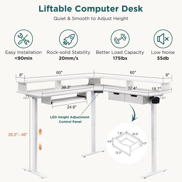 RedLemon 60 Inches L Shaped Electric Standing Desk, Height Adjustable Corner Gaming Desk with Drawers, Keyboard Tray, Power Outlets & LED Lights, Computer Desk with Monitor Shelf, Antique White