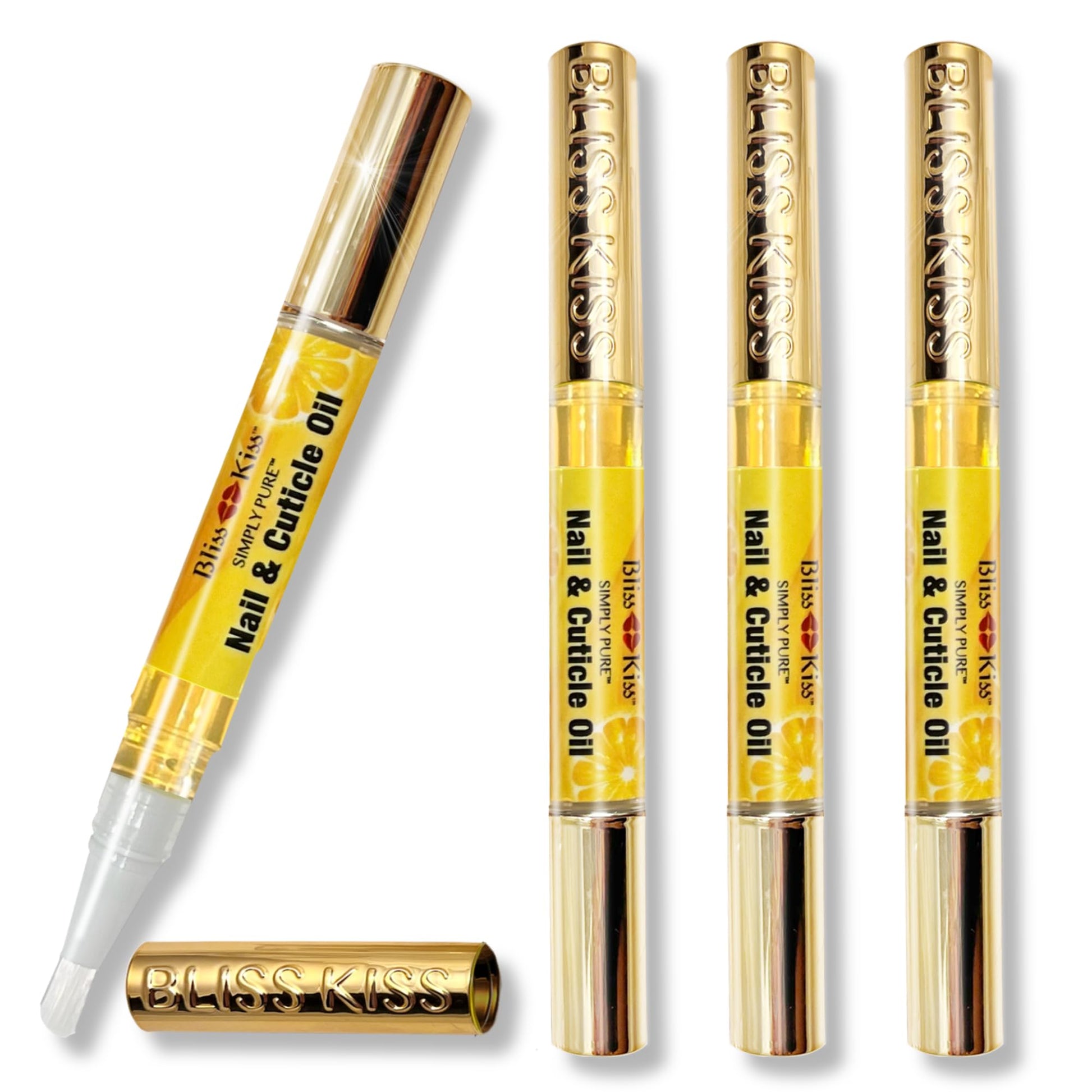 Bliss Kiss | Fragrance Free 4 Nail Oil Cuticle Pens w/Vitamin E & Jojoba⏤Nail Strengthener Nail Growth and Strengthening Serum for Brittle, Peeling, Breaking, Thin nails