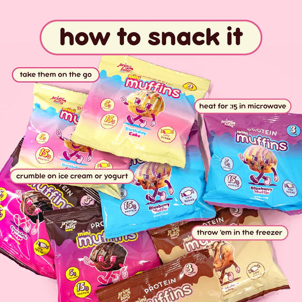 Prime Bites Minis | Protein Mini Muffins from Alpha Prime Supplements | High Protein, Collagen Fortified Low Sugar Treat | Delicious Snack | 12 Packs per Box - Variety Pack
