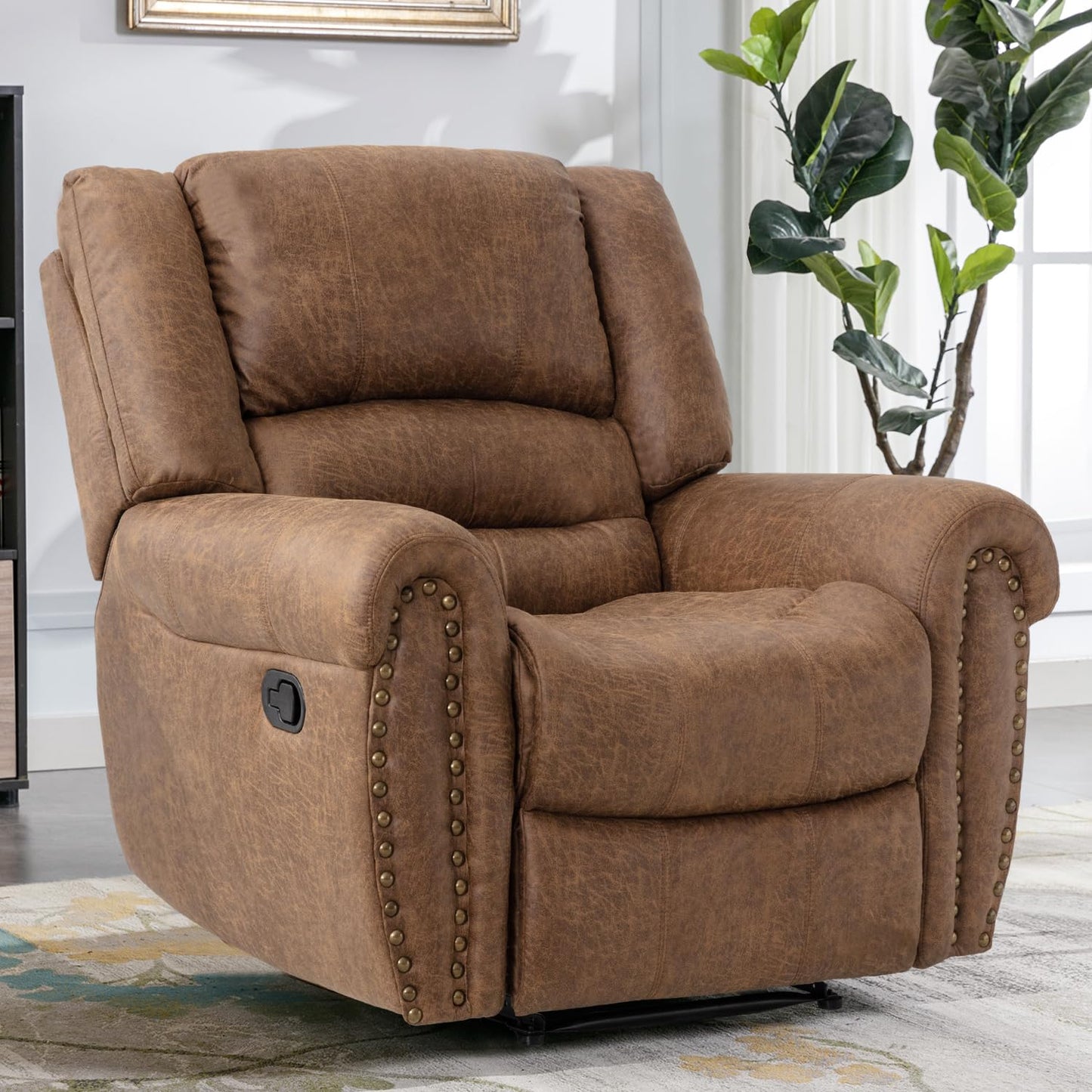 CANMOV Leather Recliner Chair Set of 2, Classic and Traditional Manual Recliner Chair with Comfortable Arms and Back,Manual Single Recliner Sofa for Living Room, Nut Brown