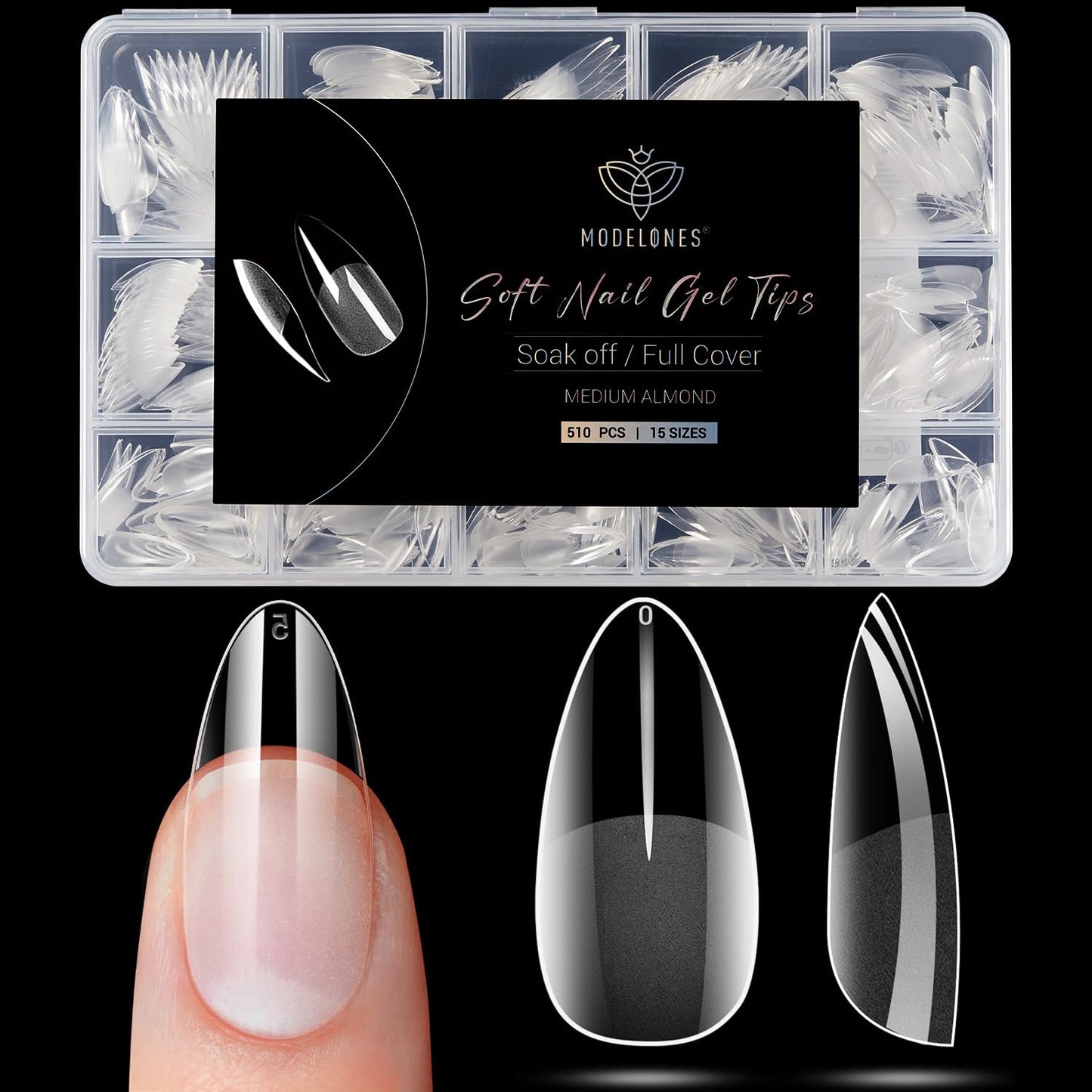 Modelones Medium Almond Nail Tips 510Pcs Clear False Acrylic Almond Press on Nails Pre-shape Full Cover Fake Extension DIY at Home 15 Sizes