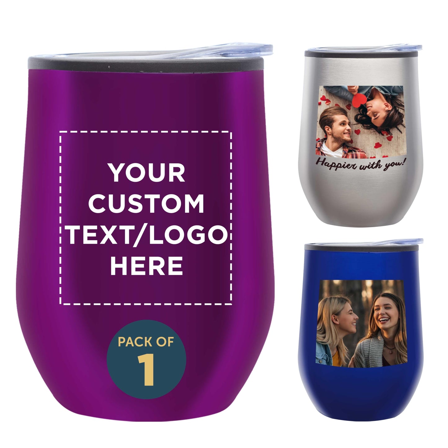 Custom Stemless Wine Tumblers 12 oz. Set of 6, Personalized Bulk Pack - Insulated, Perfect for Wine, Cocktails, Other Hot & Cold Beverages - Silver