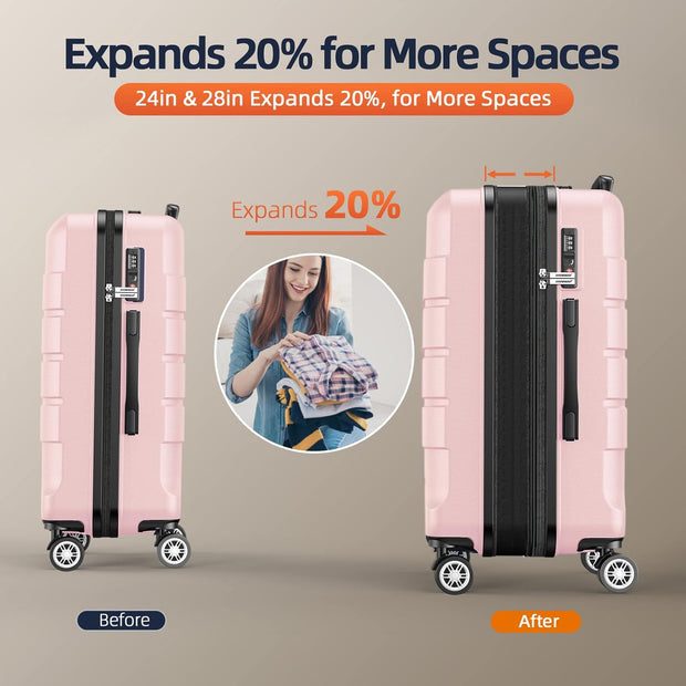SHOWKOO Luggage Sets Expandable PC+ABS Durable Suitcase Sets Double Wheels TSA Lock Pink 3pcs