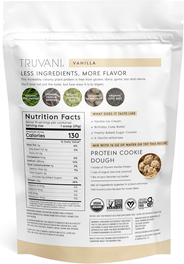 Truvani Vegan Pea Protein Powder | Vanilla | 20g Organic Plant Based Protein | 18 Servings | Keto | Gluten & Dairy Free | Low Carb | No Added Sugar