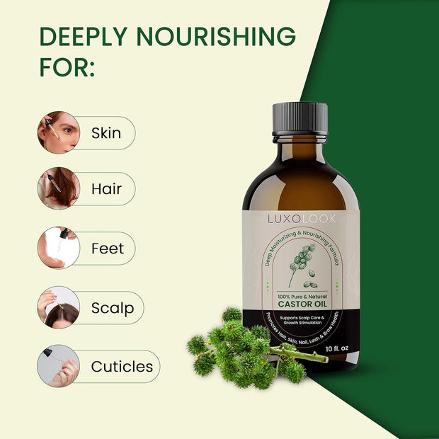 Pure Castor Oil - Cold Pressed 100% Castor Oil for Hair Growth, Skin, Eyebrows, Eye Lashes, Nails & Cuticles - Hexane Free, Natural & Unrefined - Includes Dual Mascara, Dropper & Scalp Massager