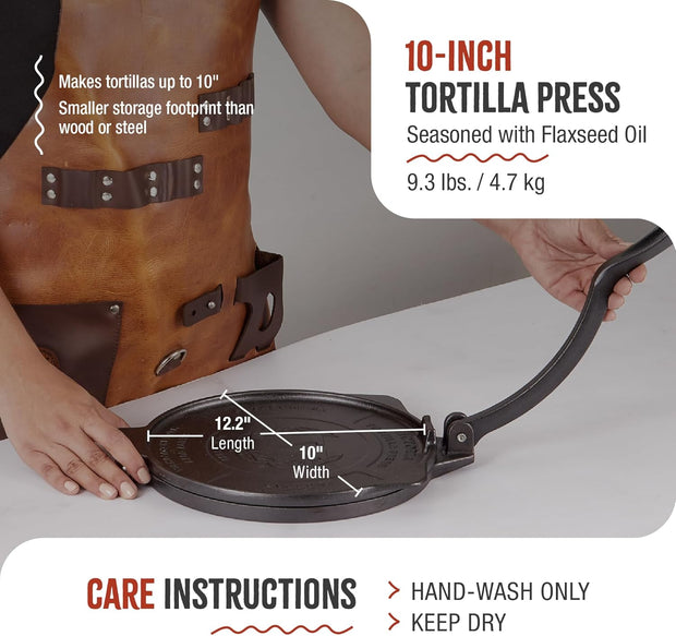 Victoria 8-Inch Cast Iron Tortilla Press HD Spherrous, Commercial-Grade Cast Iron Tortilla Maker, Roti Press, Pataconera Seasoned with Flaxseed Oil, Made in Colombia, Black