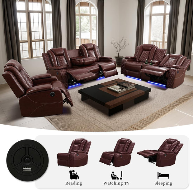 Living Room Set Brown Breathing Leather Sofa Living Room Furniture Set Power Recliner Manual Sofa,Loveseat and Chair with Cup Holders/Storage Console/LED Light for Living Room