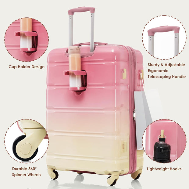 Merax Luggage Sets 3 Pcs, ABS Hardside Suit case with Spinner Wheels Lightweight TSA Lock, Gradient Pink, 20/24/28 Inch