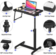 Adjustable Overbed Bedside Table, Hospital Bed Table with Wheels, Portable Rolling Desk, Mobile Small Standing Desk, Rolling Laptop Stand, Computer Cart