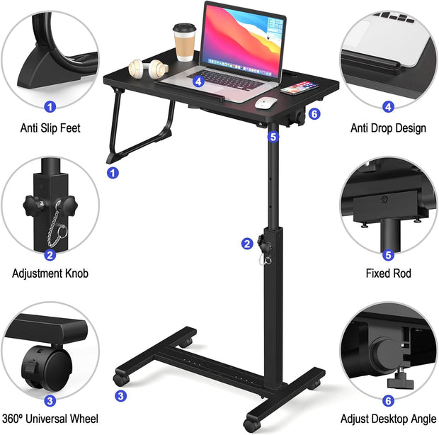 Adjustable Overbed Bedside Table, Hospital Bed Table with Wheels, Portable Rolling Desk, Mobile Small Standing Desk, Rolling Laptop Stand, Computer Cart