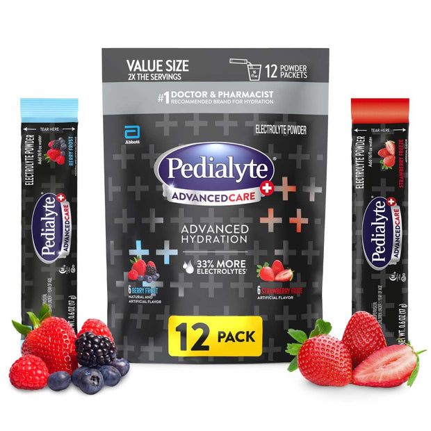 Pedialyte AdvancedCare Plus Electrolyte Powder, Has 33% More Electrolytes and PreActiv Prebiotics, Berry Frost, 18 Powder Packets