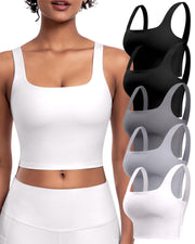Womens Sports Bras 5 Packs - Square Neck Longline Workout Crop Tank Tops Padded Yoga Camisole with Built in Pads