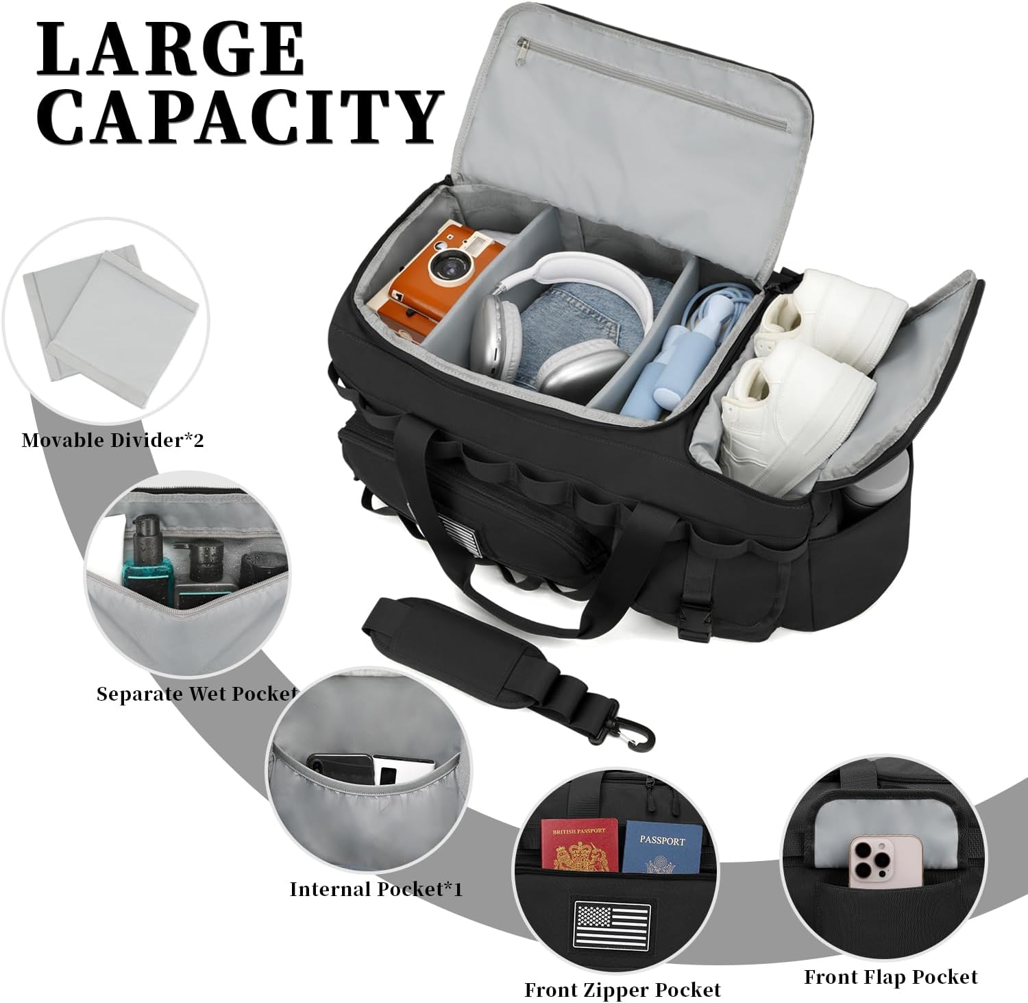 ZOMFELT Gym Bags for Men Women, Tactical Travel Duffle Bag with Removable Dividers & Shoe Compartment, Carry on Weekend Overnight Bag with Wet Pocket for Workout Sports Football Gym, Black