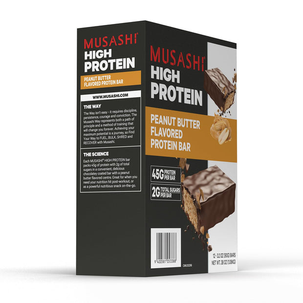 MUSASHI High Protein Bar, 45g Protein, 2g Total Sugars, Peanut Butter & Milk Chocolate Coated, Post Workout and Protein Snack On The Go, 12 Pack of 3.2oz (90g) Bars