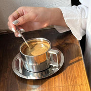 ZENFUN 4 Pack 6.8 oz Coffee Cups Set, 18/8 Stainless Steel Espresso Cup with Saucer and Spoon, Cute Coffee Mugs with Handle, Drinkware Cup for Latte, Cappuccino, Milk, Tea