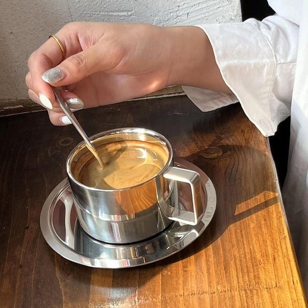 ZENFUN 4 Pack 6.8 oz Coffee Cups Set, 18/8 Stainless Steel Espresso Cup with Saucer and Spoon, Cute Coffee Mugs with Handle, Drinkware Cup for Latte, Cappuccino, Milk, Tea