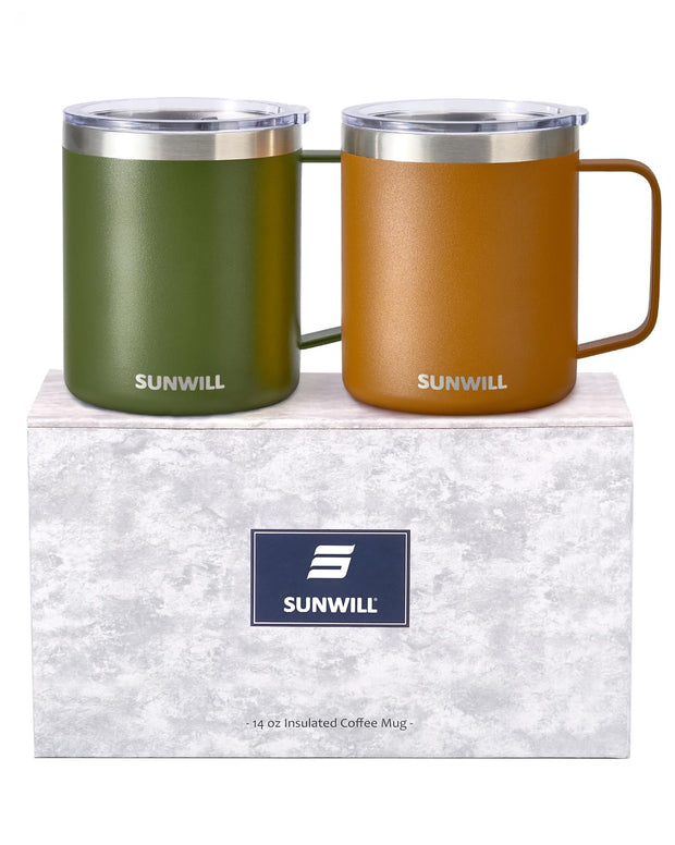 SUNWILL Insulated Coffee Mug with Lid, Travel Tumbler with Handle, 14 oz Stainless Steel Cup for Camping, Office, Home, Powder Coated White