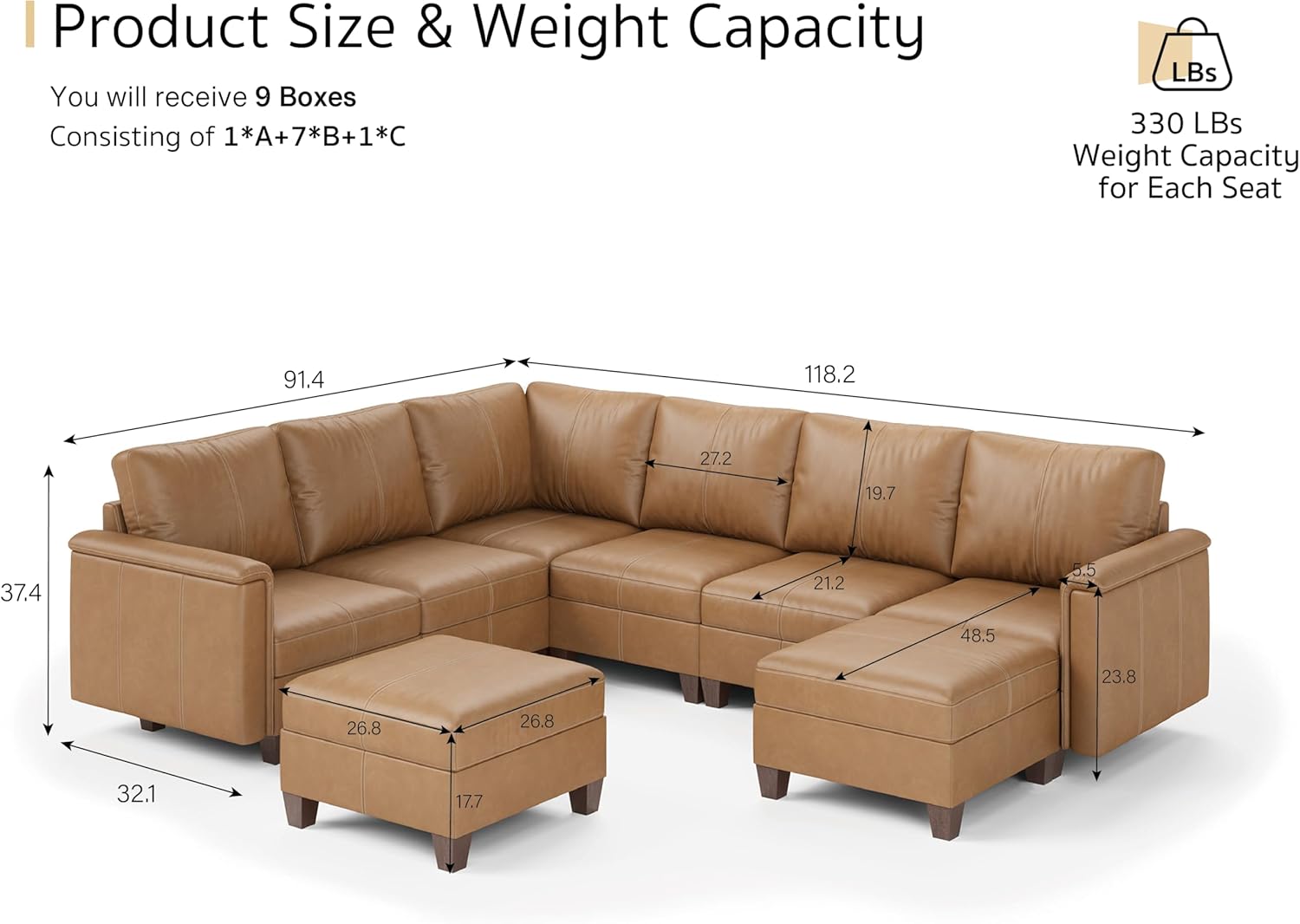 Faux Leather Modular Sectional Couches for Living Room, Modular Convertible U-Shaped Sectioanl Sofa with Storage & Ottoman, Brown