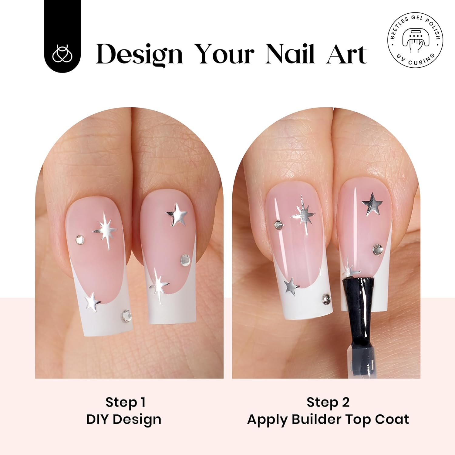 Beetles X Press Gel Nail Kit: Long Square French Tip Press On Nails Kit With 224Pcs Nail Tips Nail Glue & Builder Top Coat Mini UV Light, All-in-One DIY Designs Gift For Women At Home 16 Size