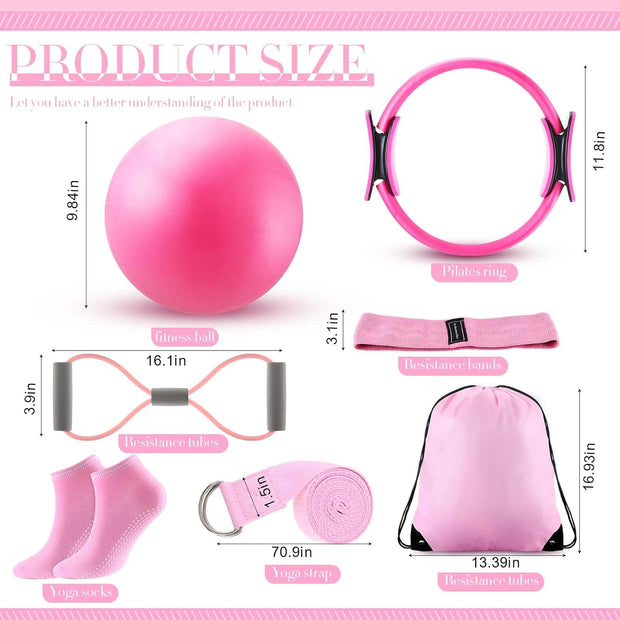 Poen Home Pilates Kit for Women Pilates Equipment Ring and Ball Set with Stretching Strap 8 Resistance Bands Non Slip Socks Gym Back Bags Exercise Equipment for Workout