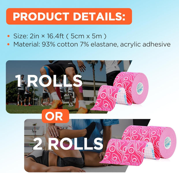 OK TAPE PRO Kinesiology Tape, 2inch x Long Roll 16ft Free Cut Tape, Elastic Athletic Tape Therapeutic Latex Free, Black+Black