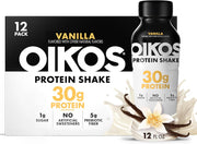 Oikos Protein Shake, Vanilla, 30g High Protein Drinks, Shelf Stable, Ready to Drink, 5g Prebiotic Fiber, 12 fl oz Bottle, 12 Count​