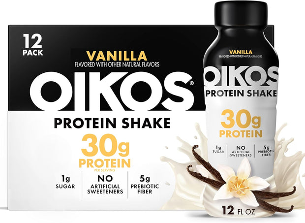 Oikos Protein Shake, Vanilla, 30g High Protein Drinks, Shelf Stable, Ready to Drink, 5g Prebiotic Fiber, 12 fl oz Bottle, 12 Count​