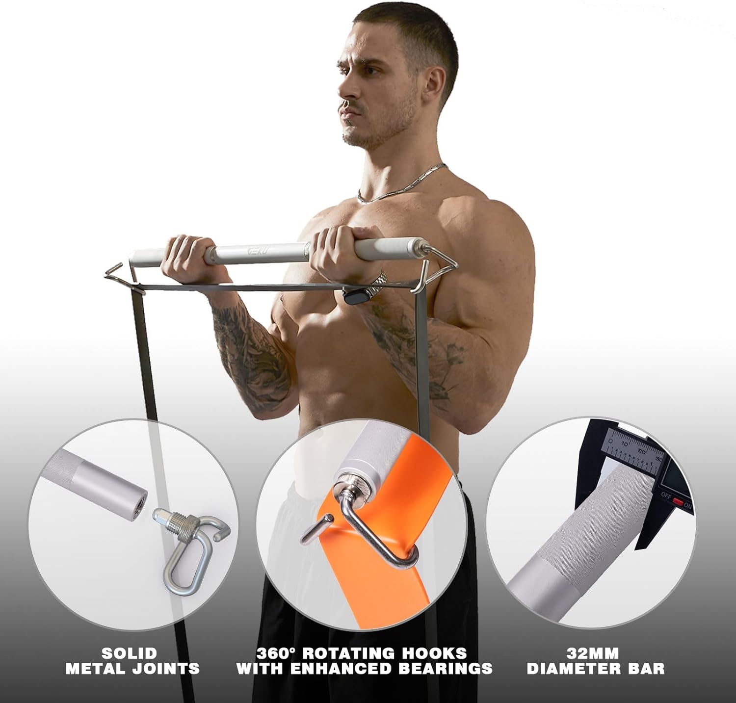 Aluminum Resistance Band Bar, 3-Section Detachable Heavy Duty Workout Bar for Resistance Band Exercises, Strength Training, and Home Gym (Metal Bar-Enlarged Hooks)